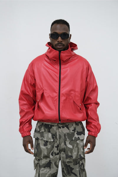Bomber ecopelle rosso con cappuccio