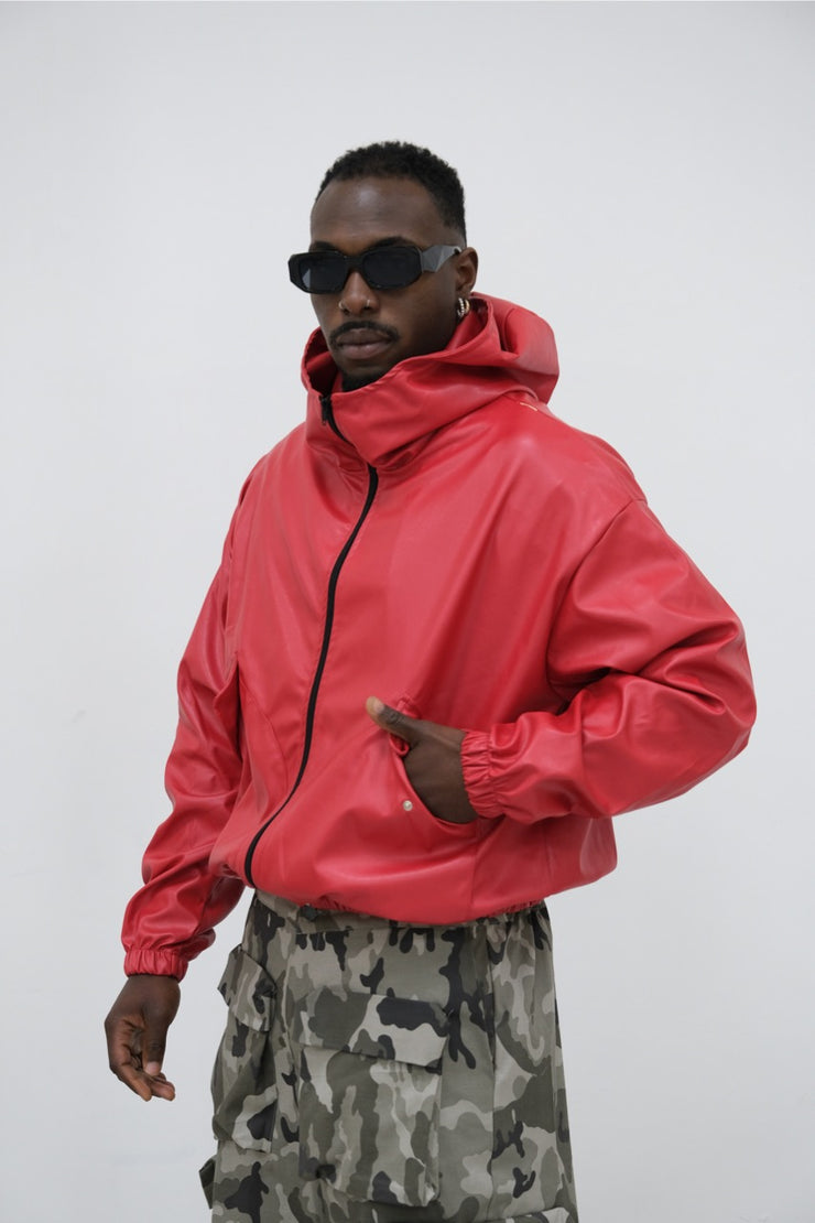Bomber ecopelle rosso con cappuccio