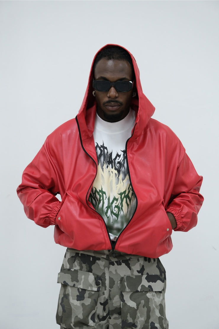 Bomber ecopelle rosso con cappuccio