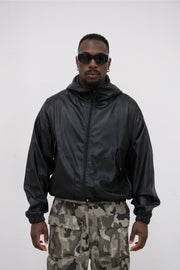 Bomber ecopelle nero con cappuccio