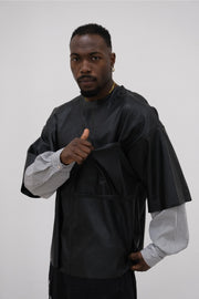 T-shirt in ecopelle doppia manica in camicia nera